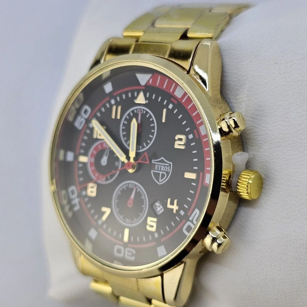 3PC Men's Watch Bracelet Necklace Set 41MM Black Dial Date Gold Bracelet Band 7